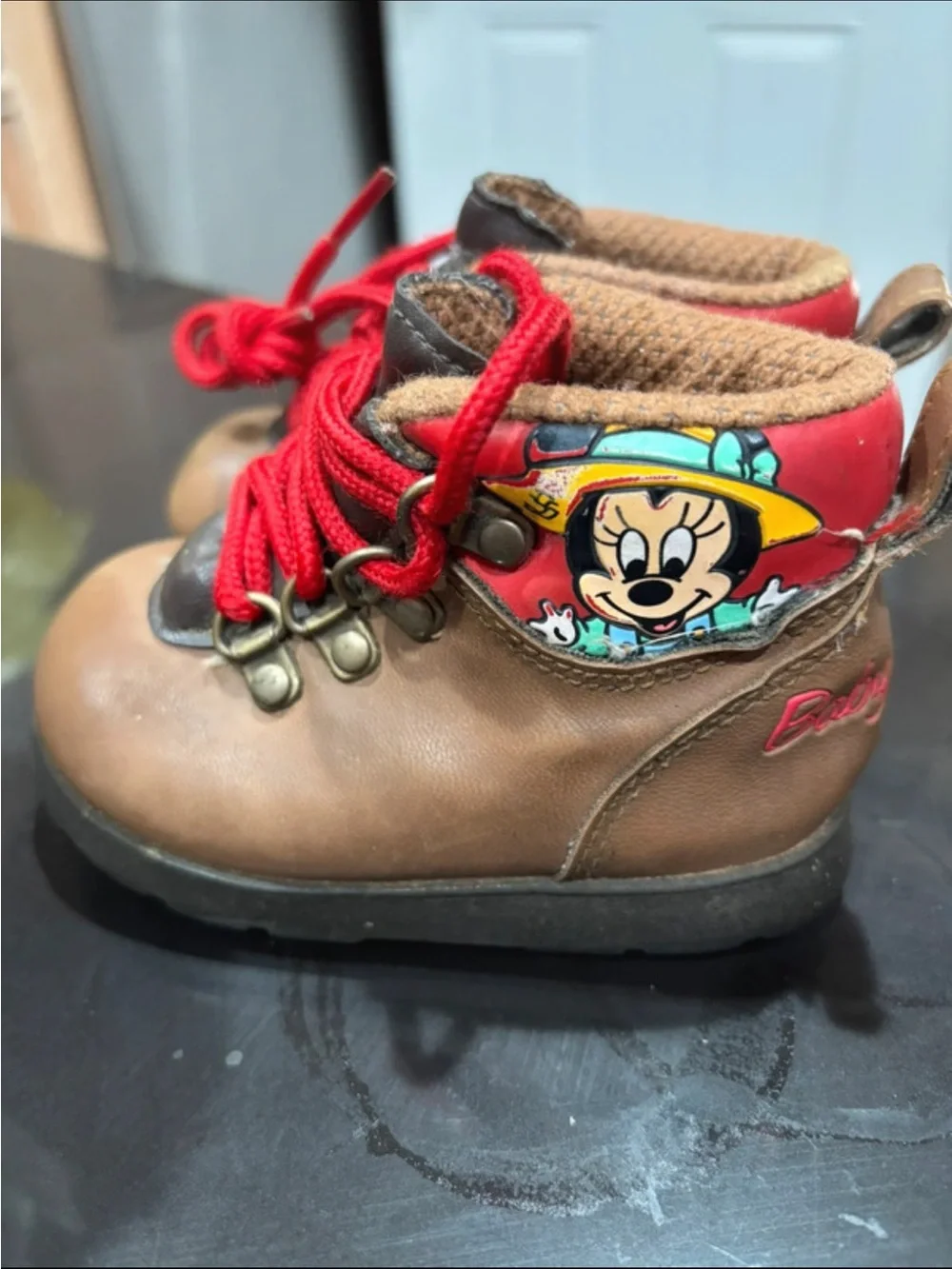 Disney Brown Kids Boots with Red Laces and Minnie Accent